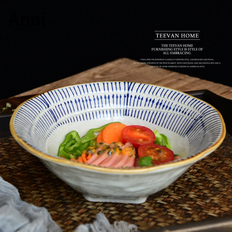 Golden Stroke Ceramic Bowl Japanese Vintage Blue Color Thread Large Noodle Soup Bowls Fruit Salad Plate Household Kitchenware