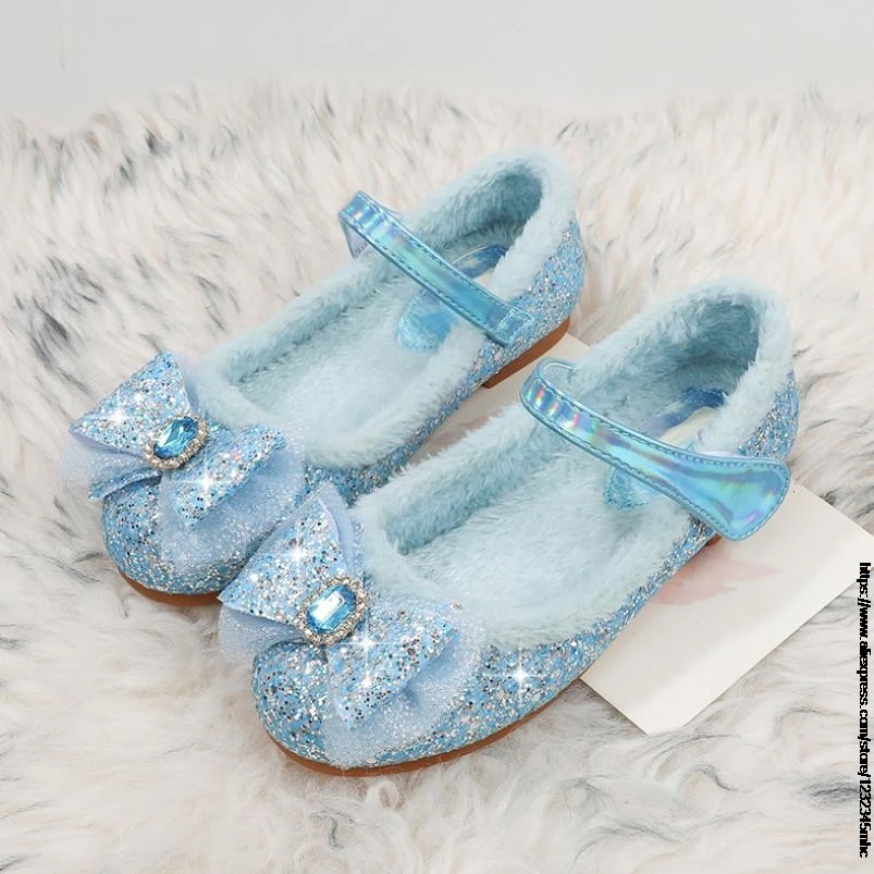 Kids Casual Shoes For Girls Winter Cotton Shoes For Toddlers Girl & Children Flat Loafers With Thick Fur Hairy Frozen Elsa 23-34