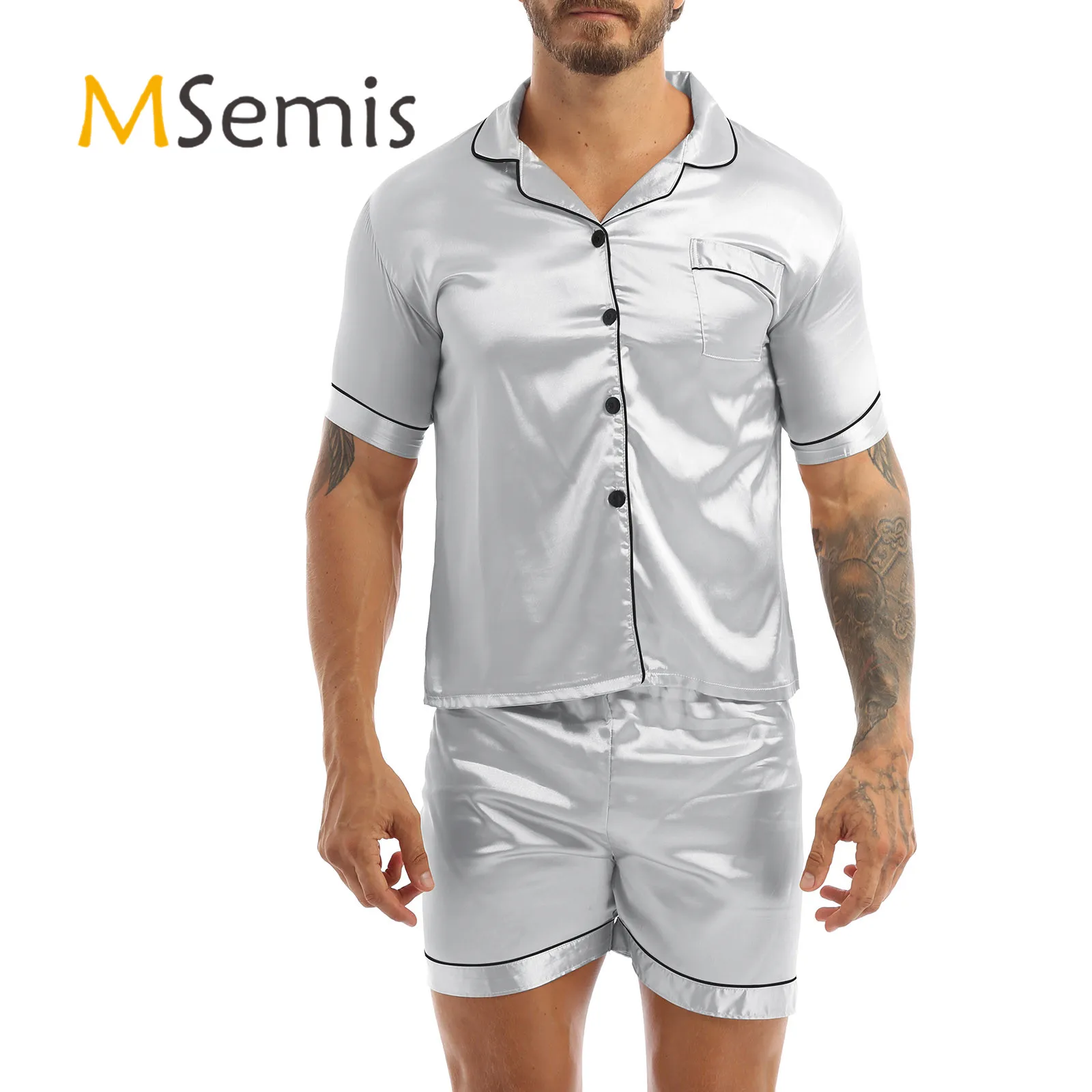 Mens Silky Satin Pajamas Set Sleepwear Nightwear Notch Collar Button Down Shirt Top with Elastic Waist Boxer Shorts