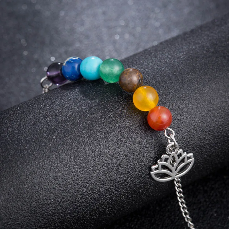 Classic Natural Stone Beads Bracelets Women Bohemian 7 Chakra Lotus Charms Silver Color Link Chain Bracelet Yoga Jewelry