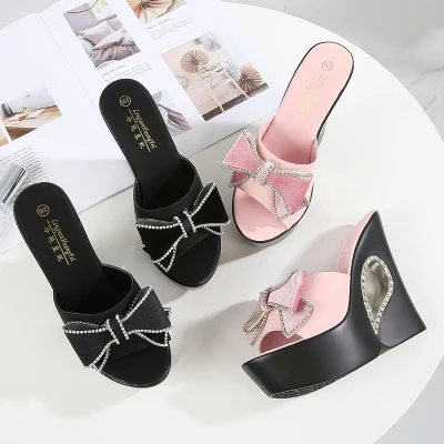 Best Seller Summer Slippers Women Butterfly-knot Platform Wedge Thick Sole High Heels 13CM Outdoor Mules Slides Sweet Beach Shoe