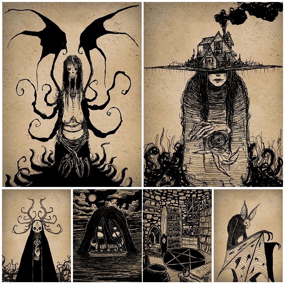 

The Hat Witch And Vampire Vintage Art Poster And Prints Wizard,Hellhound,MothMan Wall Art Canvas Painting Decoration Unframed