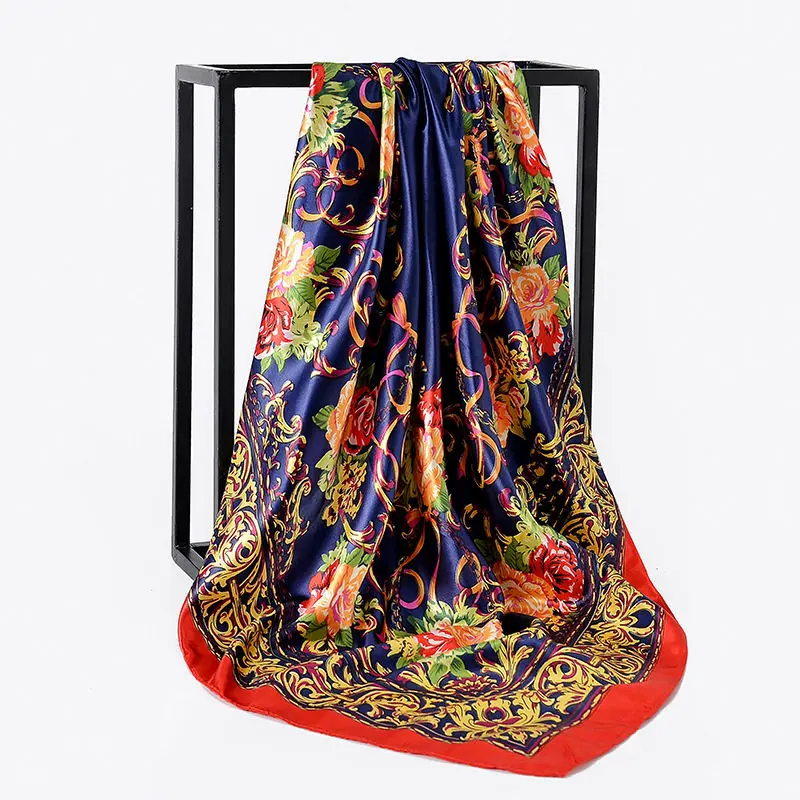 90*90cm Silk Spring Summer Lady Print Big Square Scarf Sunscreen Shawls Women Fashion Small Hair Neck Beach Hijab Bandanna