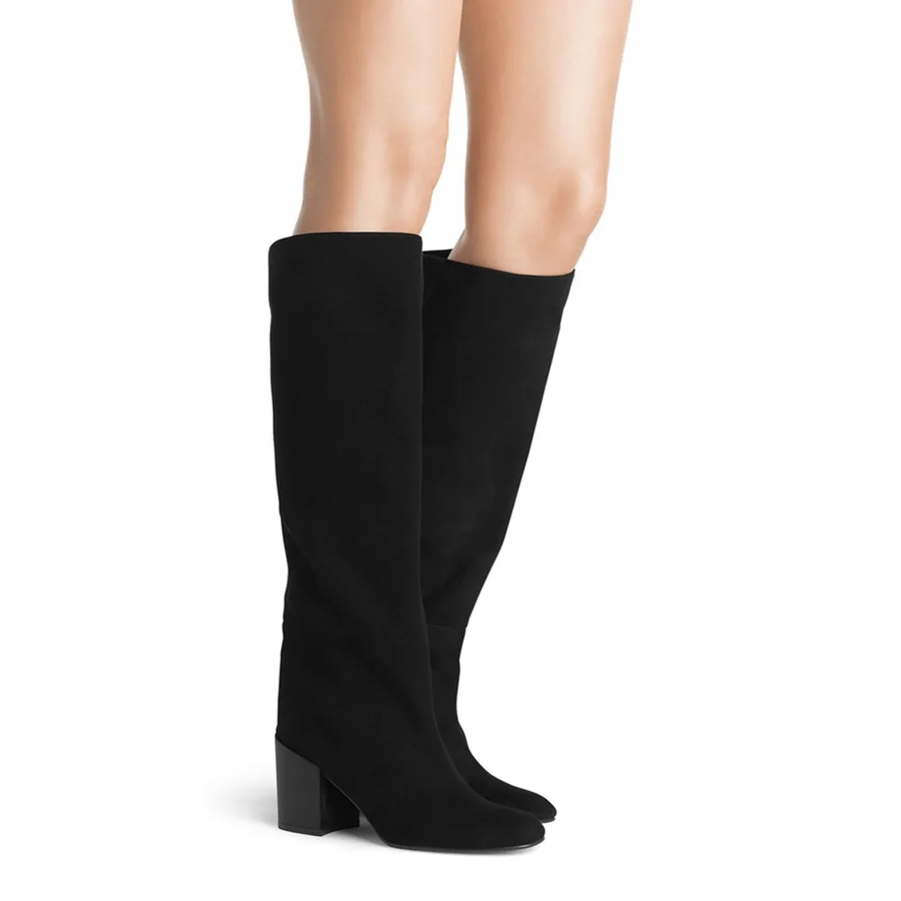 Round Toe Block Heel Knee High Boots for Women Black Mid Heel Slip on Tall Boots Ladies Chunky Winter Shoes 2024 Botas Pretas
