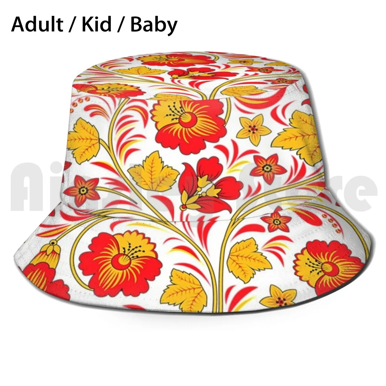 Khokhloma Red Flowers Sun Hat Foldable UV Protection Khokhloma Leaf Leaves Flower Ornament Pattern Hohloma Vintage Trendy