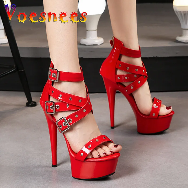 2021 Summer New Women Sexy Platform High Heels 15CM Pole Dancing Rivet Sandals Ankle Strap Cover Heel Exotic Zipper Dancer Shoes