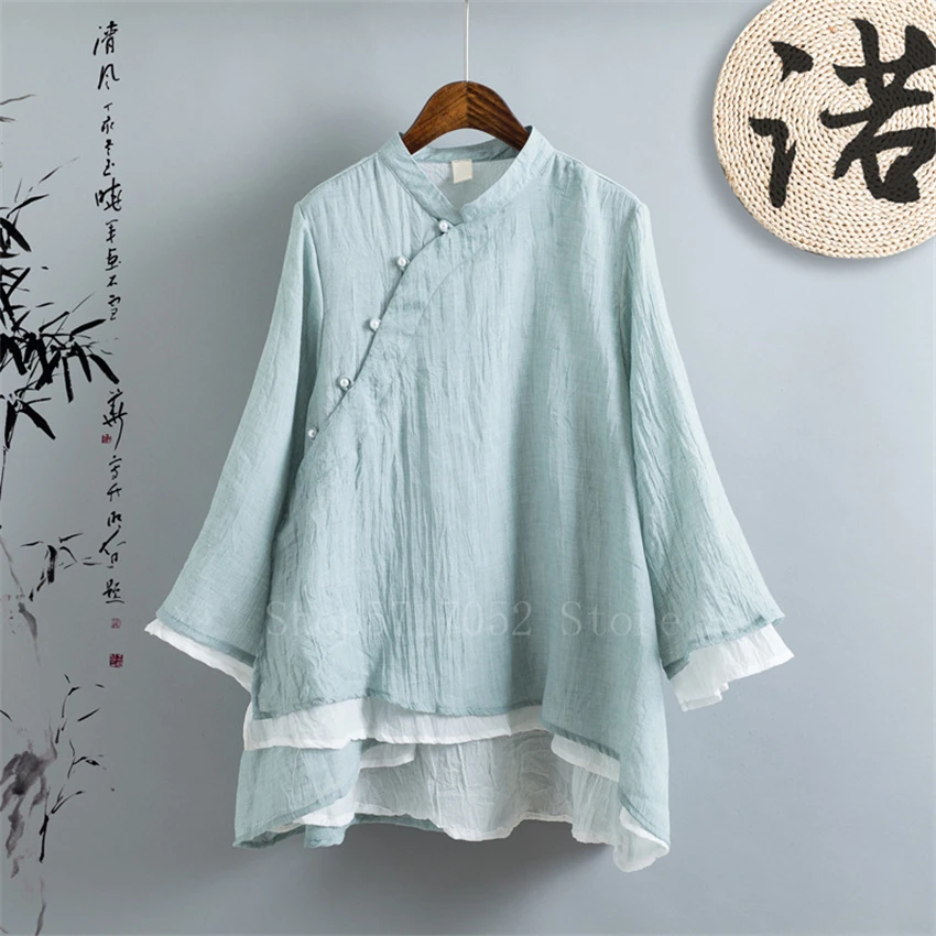 

Retro Chinese Style Traditional Top for Women Girls Double Layer Linen Zen Tang Suit Top Loose Pearl Elegant Hanfu Chiffon Shirt