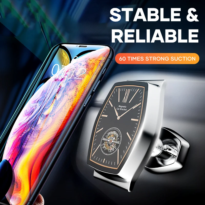 Premium Car Magnetic Mobile Phone Holder Luxury Watch Pattern Bracket Cable Winder Support Silver Metal Magnet Car Sticker Stand