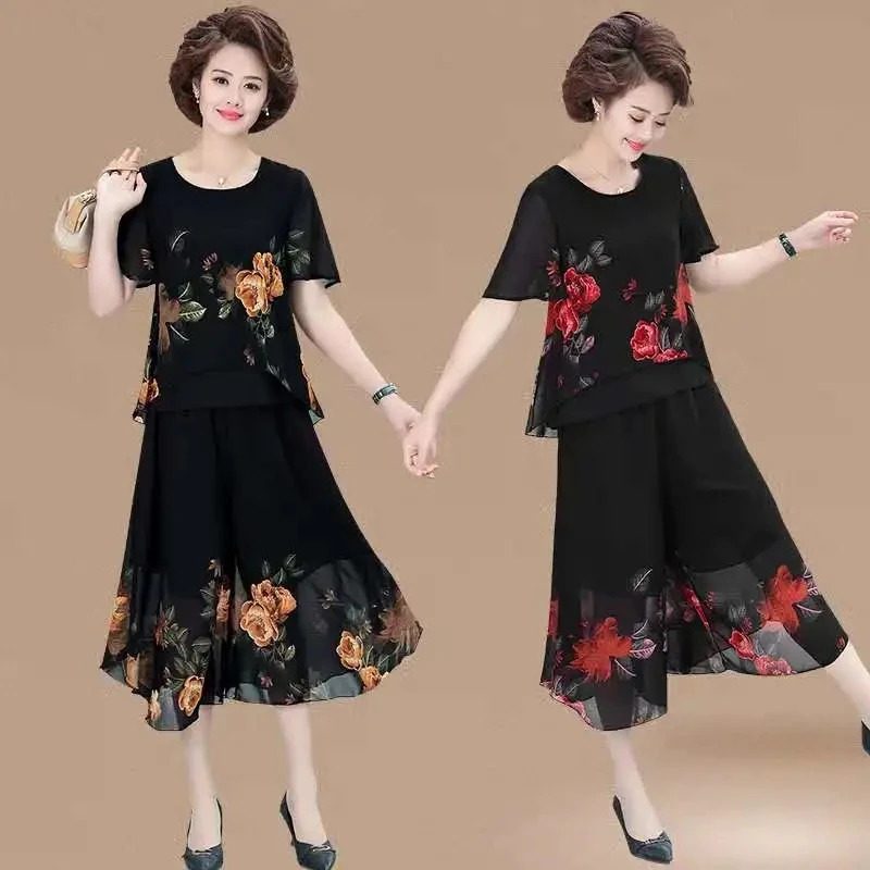 Fashion Mother Summer Chiffon Print Top Skirt Pants Suit Short-Sleeved Middle-Aged and Elderly Women Two-Piece Sets Women 5XL