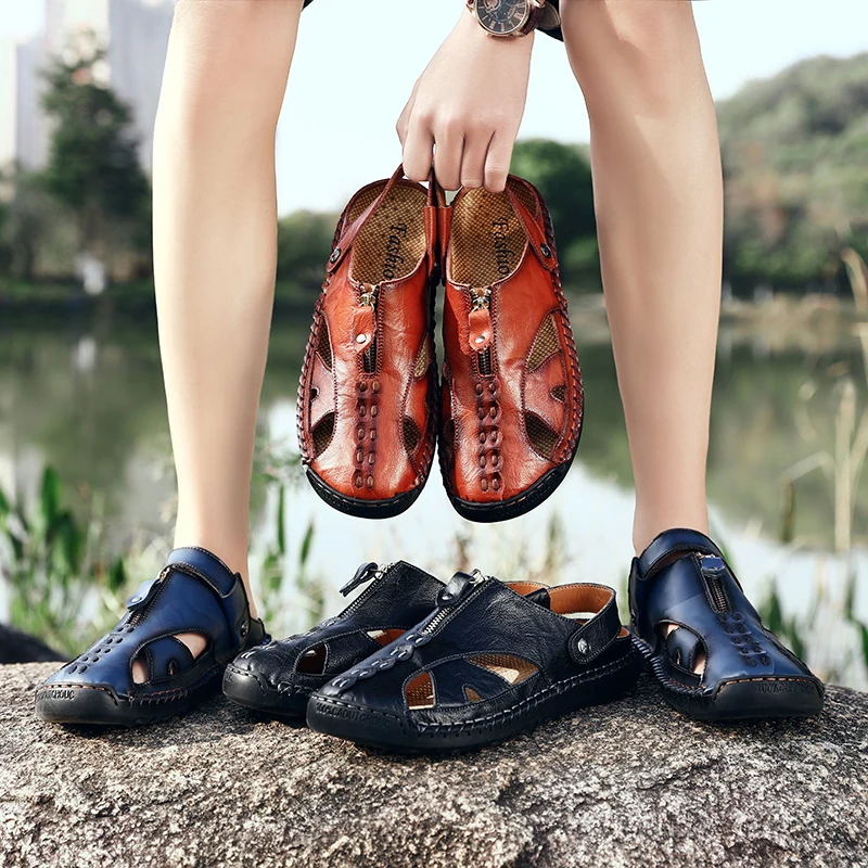 High Quality Genuine Leather Men\'s Sandals Summer Soft Shoes Beach Men\'s Sandals High Quality Sandals Slippers Big Size 38-48