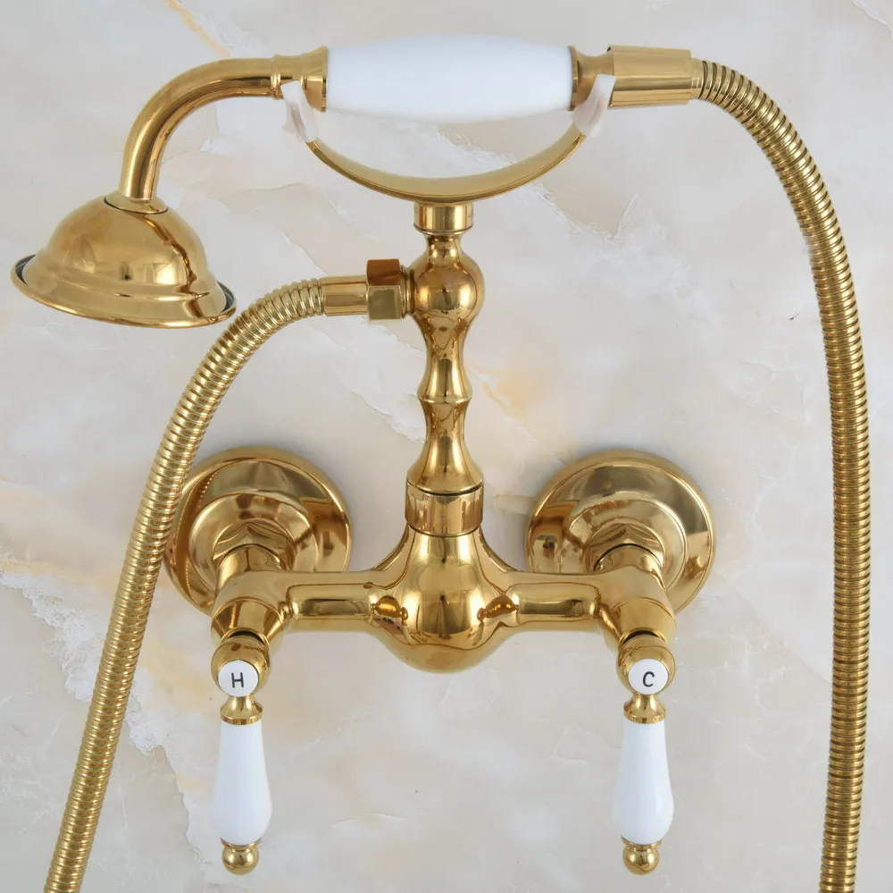 

Modern Polished Gold Color Brass Wall Mount Bathtub Faucet with Handheld Shower Set +1.5M Hose Mixer Tap 2na844