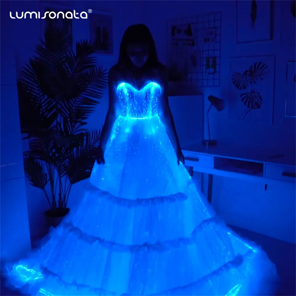 Lumisonata New Led Light Up Luminous Mermaid Shinny Dress For Wedding Party Formal White Wave Flower Pattern Long Skirt