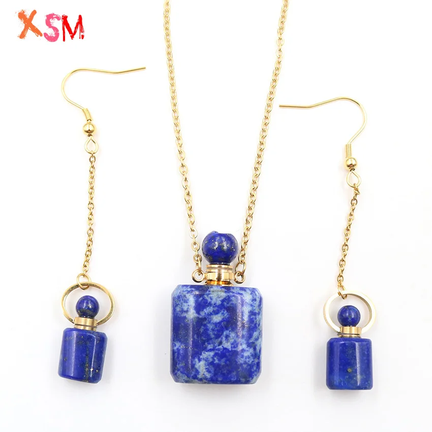 

Women Perfume Bottles Charms Jewelry Sets Lapis Lazuli Stone Rectangle Shape Essential Oil Bottle Earrings Pendant Necklace Gift