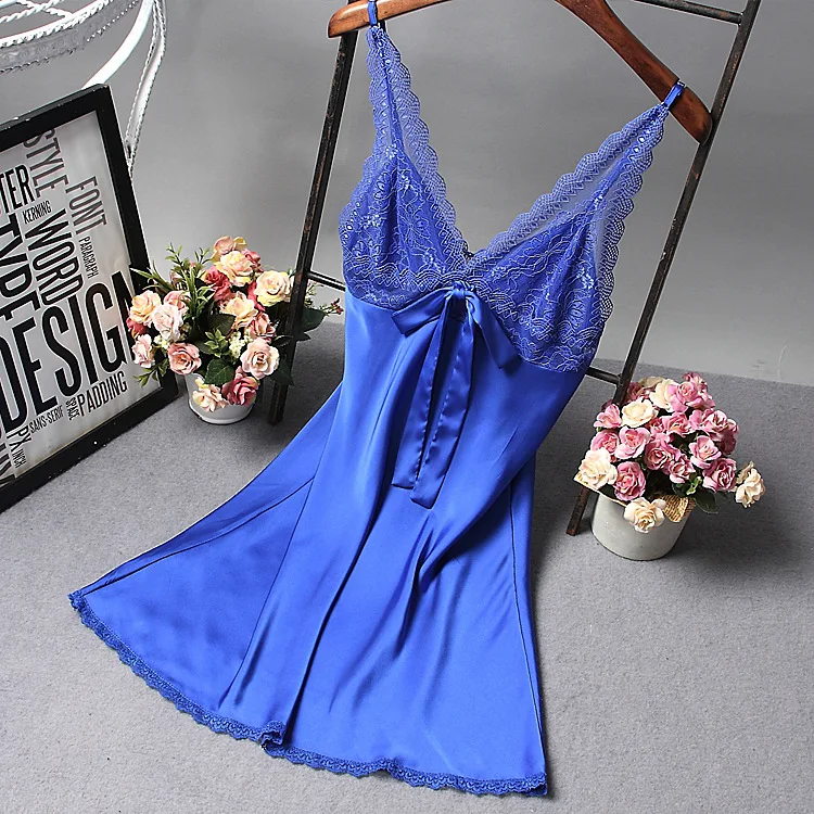 Kadınlar seksi ipek saten gece elbisesi kolsuz gecelik dantel uyku elbise v yaka Nighties gece gömlek moda pijama kıyafeti
