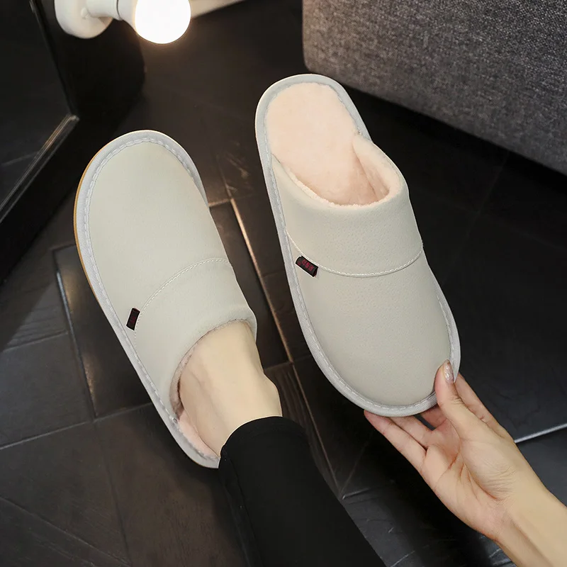 Ladies New Cotton Slippers Home Waterproof Non-slip Warm Winter Slippers Baotou Bedroom Leather Slippers