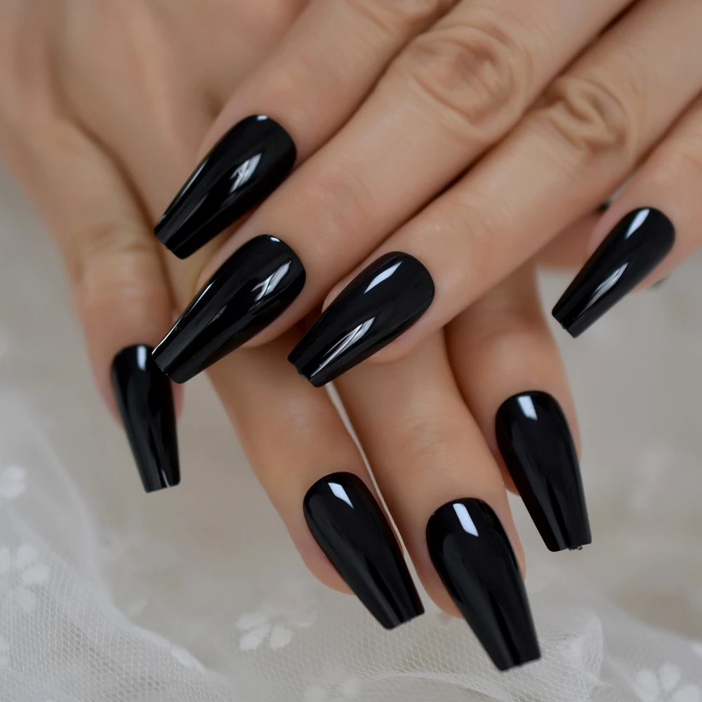 Plain Solid Black Long Ballerina Press on UV Fake Art Nail Tips Coffin Tapered Shape Salon False Finger Nails Faux Ongle