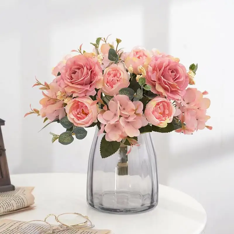 Künstliche Blumen, Retro-Seidenrosen-Blumenstrauß, Hortensien, Pfingstrosen, Vintage-Brautstrauß, künstliche Pflanzen, Dekoration für Zuhause und Hochzeiten, Accessoires. – Detail 4