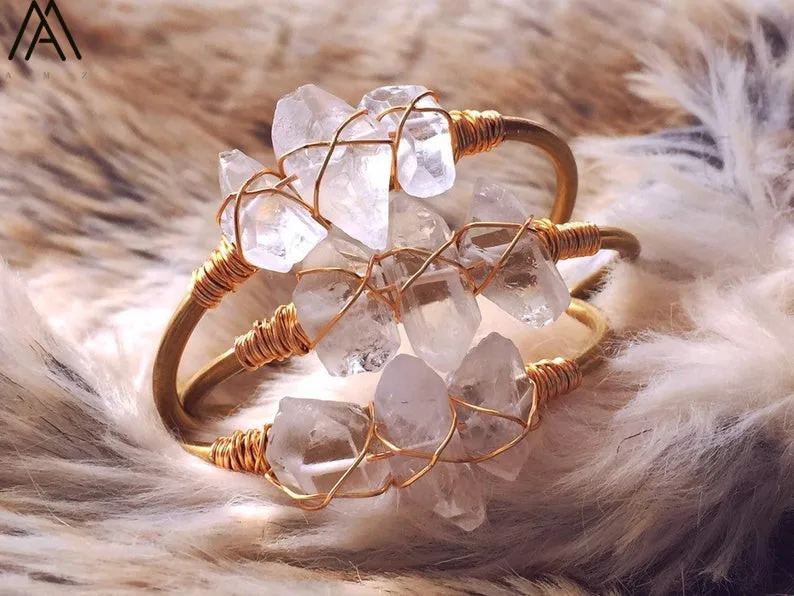 Natural Stone Open Bangle Jewelry Women Gold Color Wire Wrap Irregular White Crystal Quartz Cuff Bangles Bracelets BG001AMAB