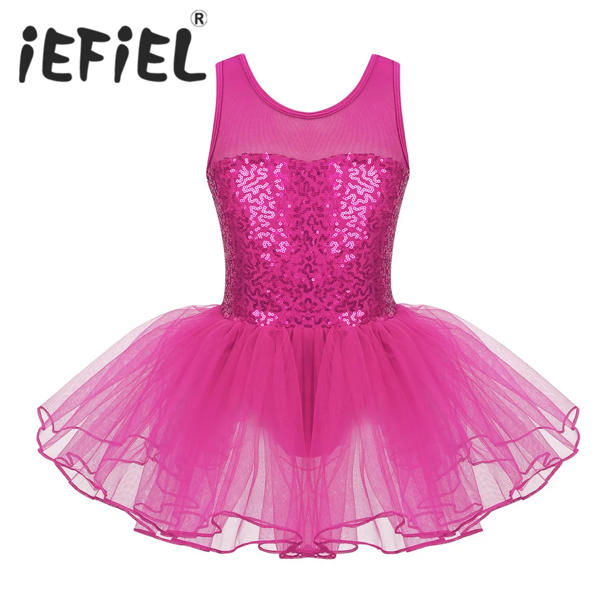 Sequins Kids Girls Ballerina Dancewear Sleeveless Stretch Mesh Splice Ballet Dance Tulle Gymnastics Leotard Mesh Tutu Dress