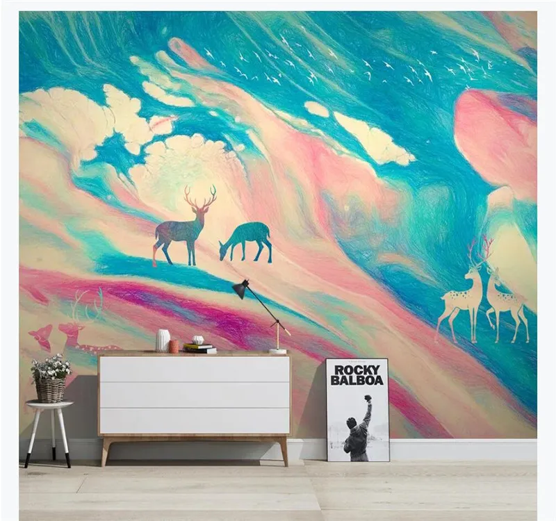 

Custom wallpaper 3D creative hand-painted elk abstract sky cloud river TV background wall - high-grade waterproof material