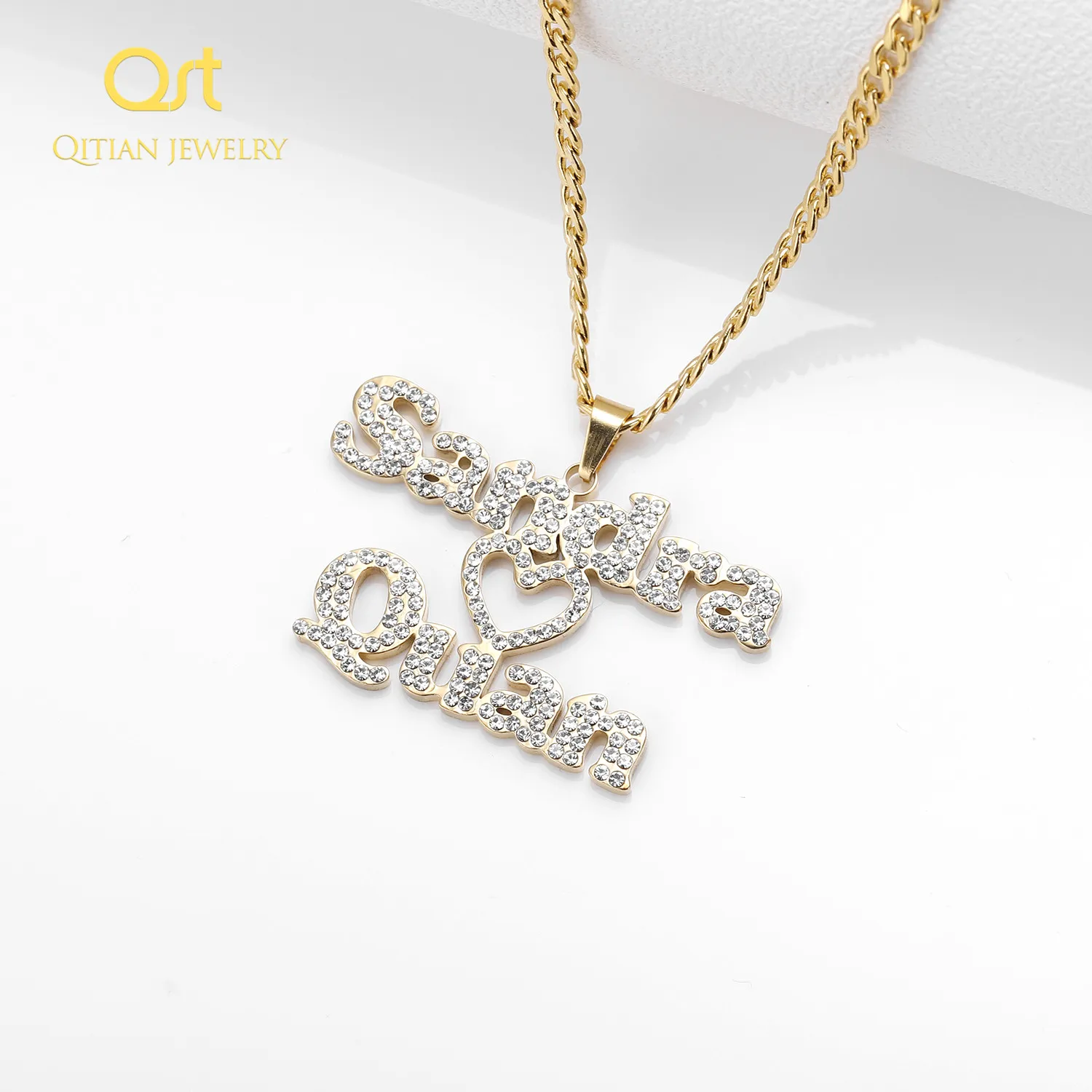 Customized Zirconia Double Name Necklace Personalized Iced Out Heart Nameplate Necklace Cuban Chain HipHop Pendant Couple Jewelr