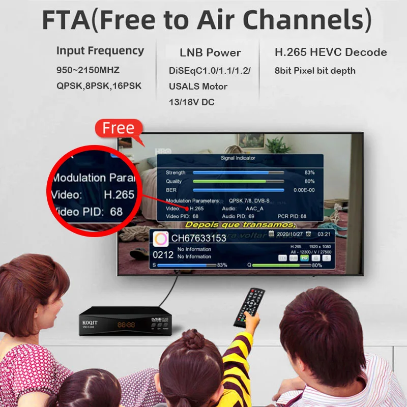 Koqit V5H H.265 Free To Air Satellite Receiver - DVB-S2 HEVC Decoder With Meecast Function