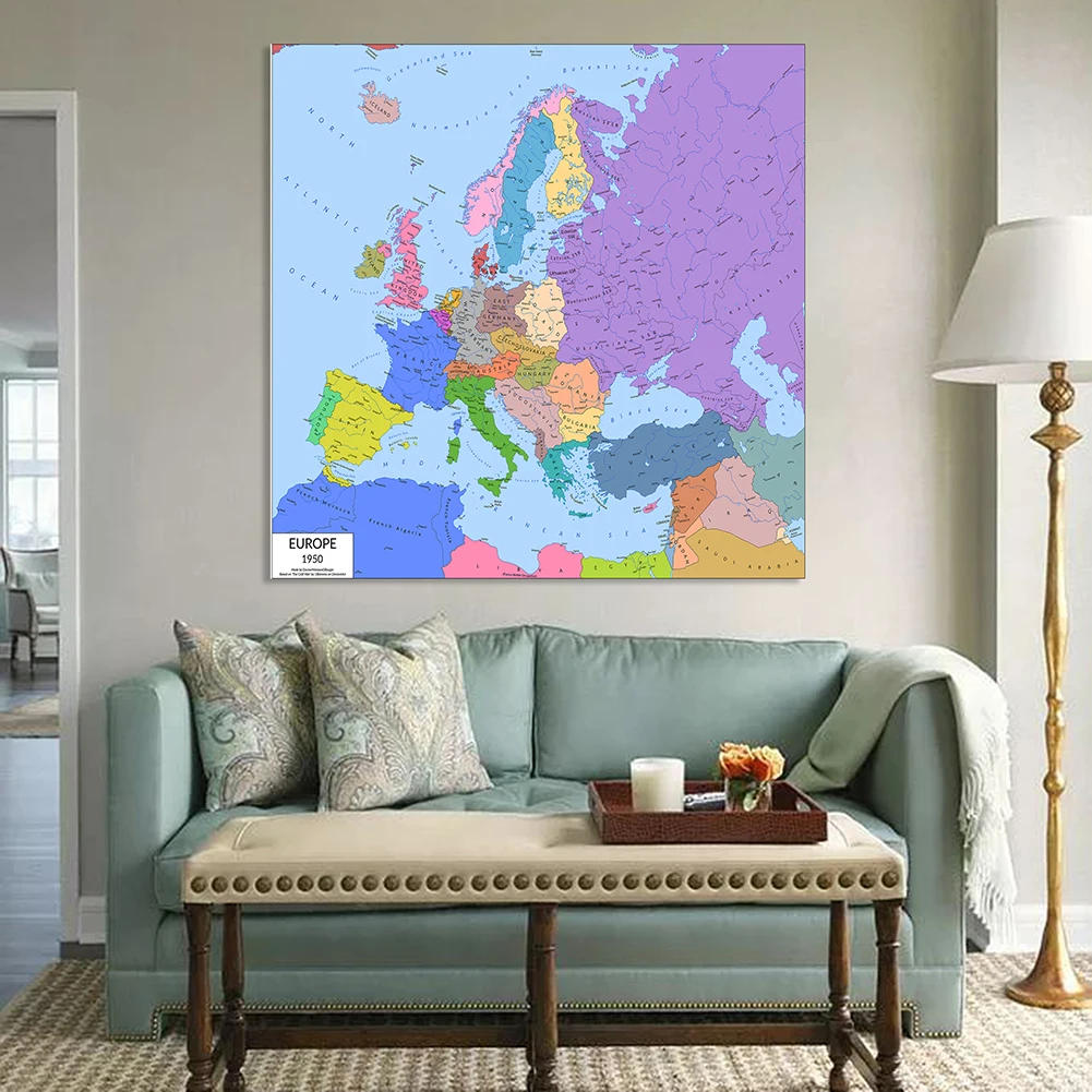 Póster de pared Retro de 150x150cm, mapa política de Europa en 1950, lienzo de vinilo, pintura para aula, decoración del hogar, suministros escolares