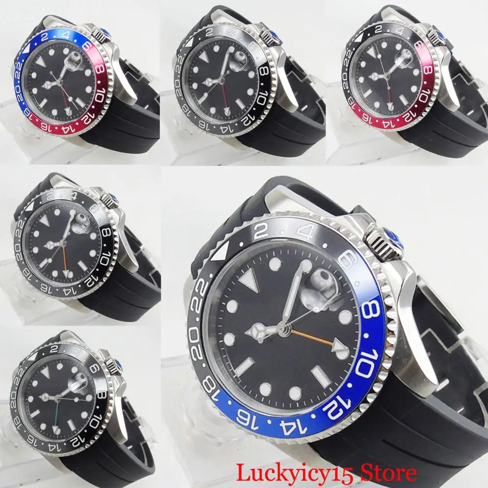 

Fashional 40mm Automatic Wristwatch Date Function Date Indicator Rubber Strap GMT Model Nologo Dial