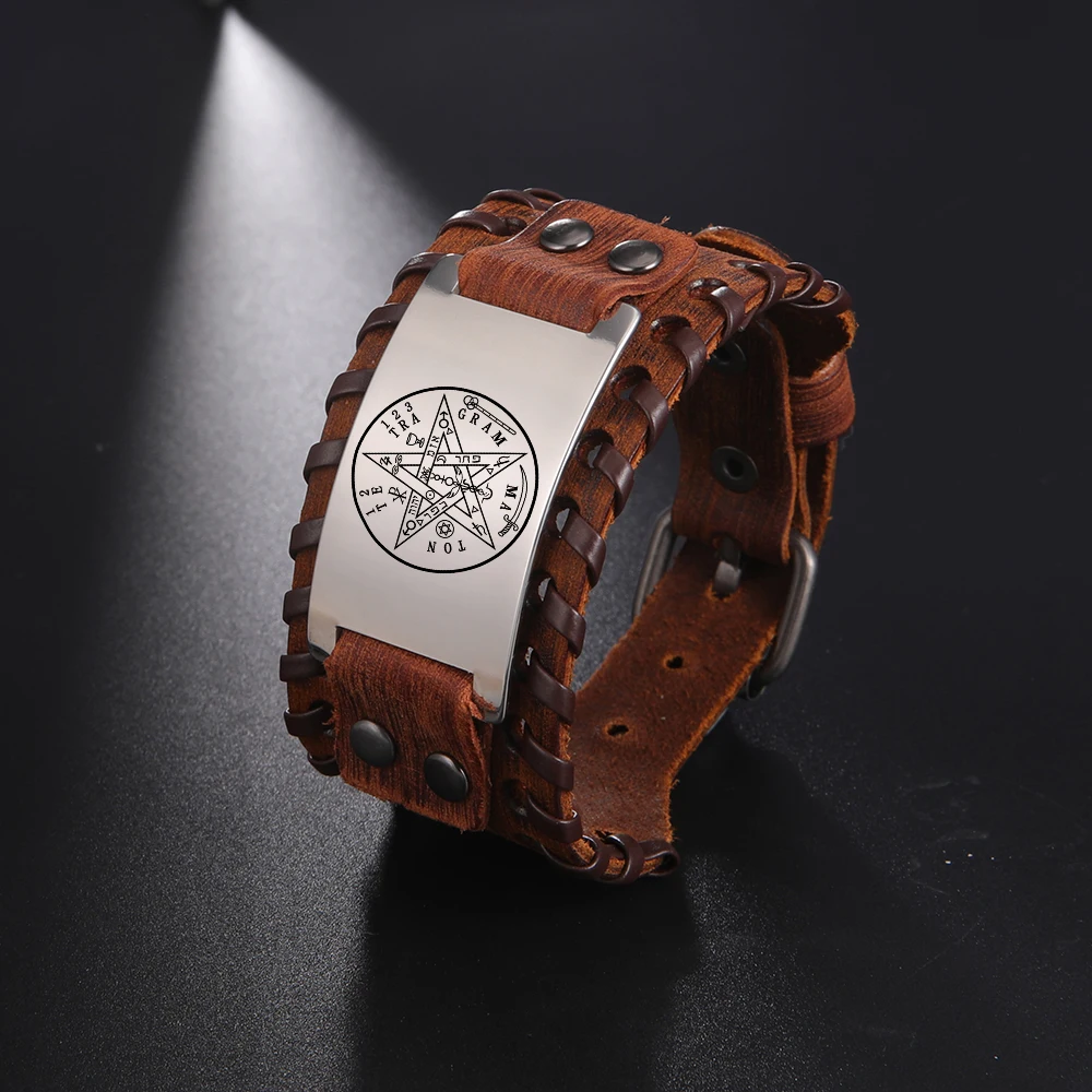 Tetragrammaton Pentagram Amulet Pentacle Leather Wrap Bracelets for Men Ancient Power Name of God Stainless Steel Wiccan Jewelry