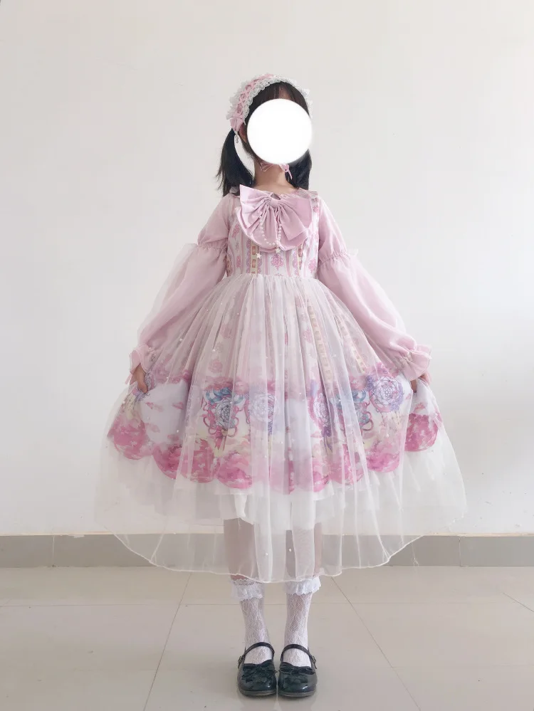 

Sweet princess lolita dress vintage o-neck bowknot mesh pearl printing victorian dress kawaii girl gothic lolita op loli cosplay