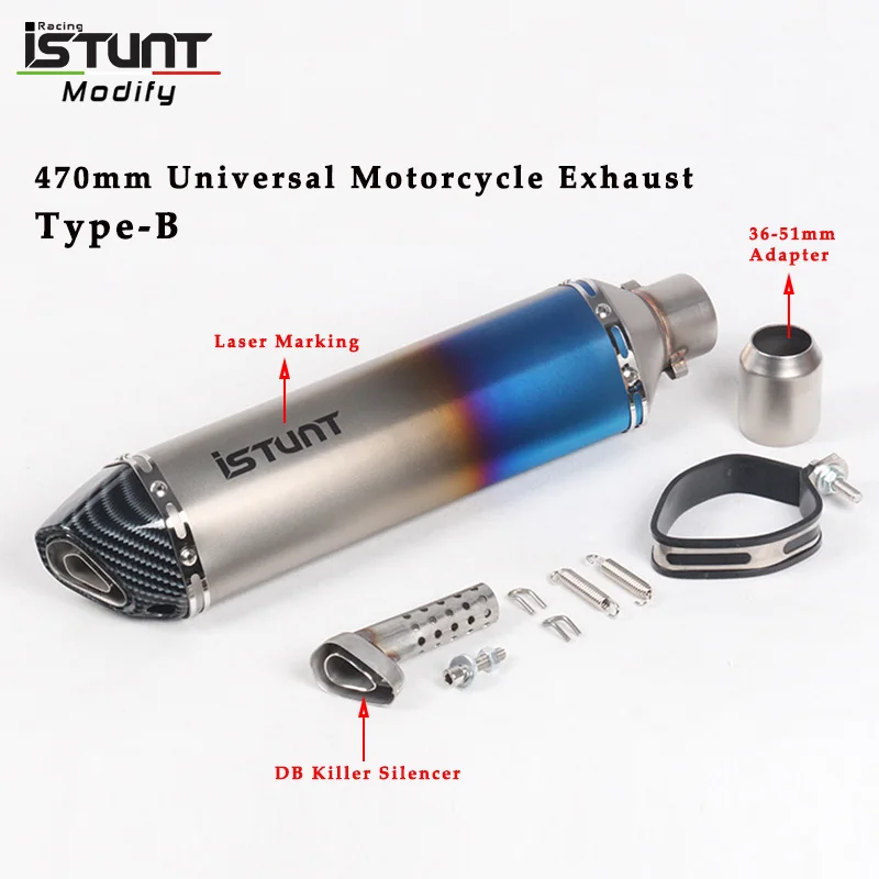 ISTUNT 470mm Universal Motorcycle Exhaust Escape Modified Muffler Pipe with Removable DB Killer For Z250 MT03 FZ6 F800GS TMAX530