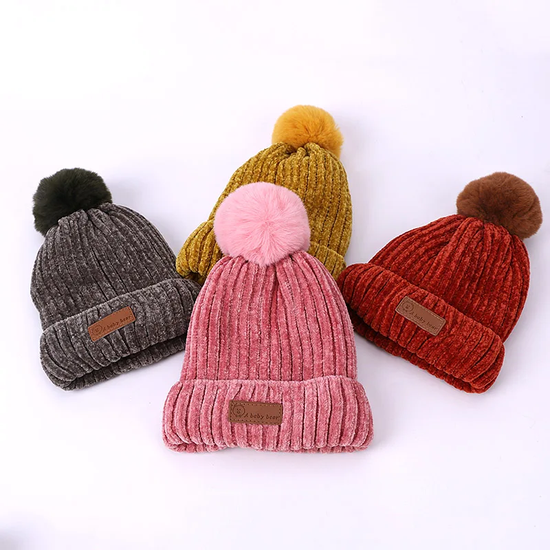 Conjunto de gorros y guantes con pompón para niños, gorro de chenilla y guantes de punto, cálido y grueso, para invierno