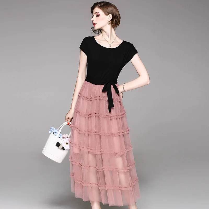 Long Summer Dress Women Elegant Mesh Dress Maxi Party Clothes 2020 Black Pink Vintage Dresses Vestidos De Fiesta LWL1674