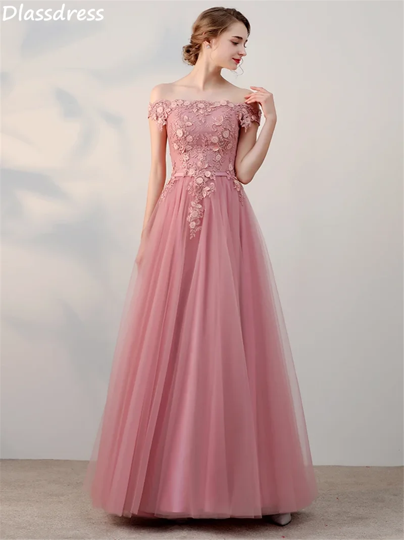 Peach Pink Boat Neck A-line Tulle Prom Dresses 2023 Off Shoulder Lace-up Back Floor Length Evening Dress with Beading Appliques