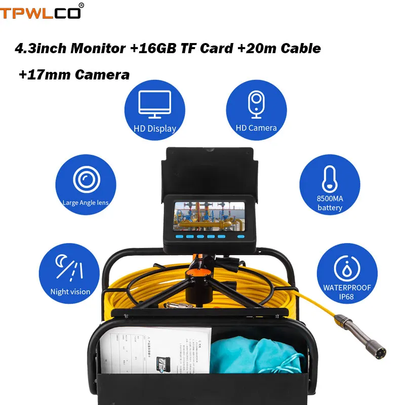 

4.3inch Mini Handheld Pipe Pipeline Inspection Camera System With 16GB TF Card 17mm Duct Sewer Industrial Endoscope 20m Cable