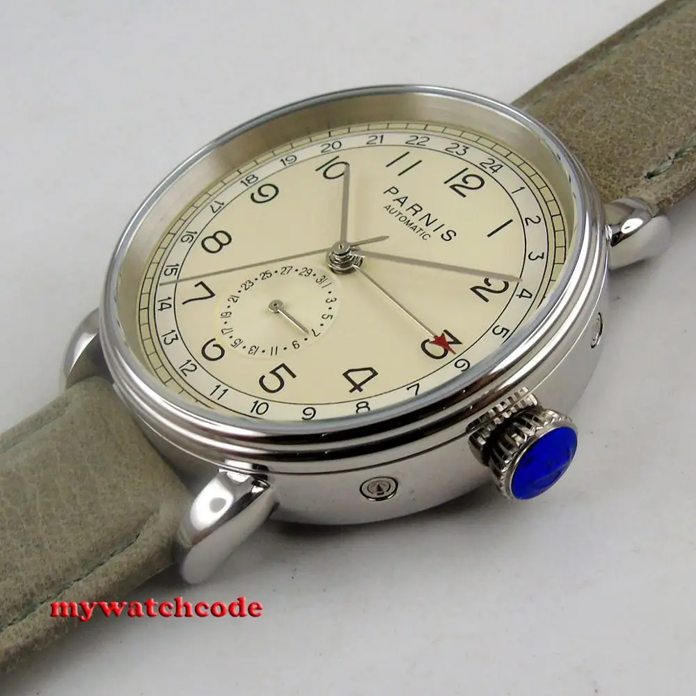 42mm PARNIS off-white ciferník bílá ciferník černá 24 hodin embellished 1690 automatický pohyb men’s hodinky sklo couvat kůže pás