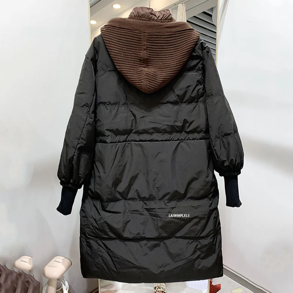 Winter Women Down Coat Long Knitted sleeves Hooded Female Thick Jacket Office Lady Fashion Loose Casual All-Match Korean Parka