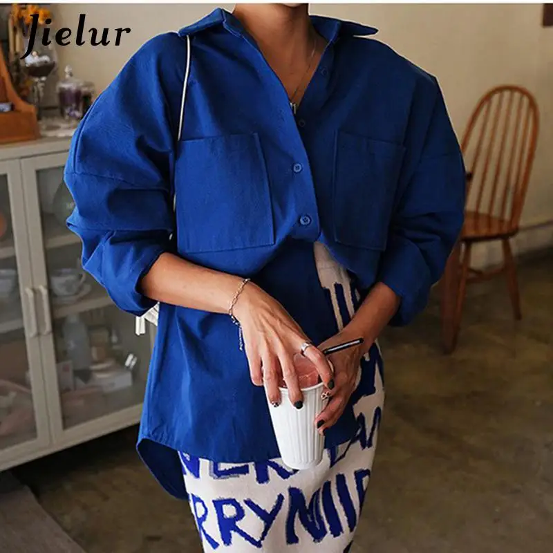 Jielur New Women Solid Corduroy Batwing Sleeve Vintage Blouse Turn-Down Collar Loose Top Button Up Blue Shirt Feminina Blusa