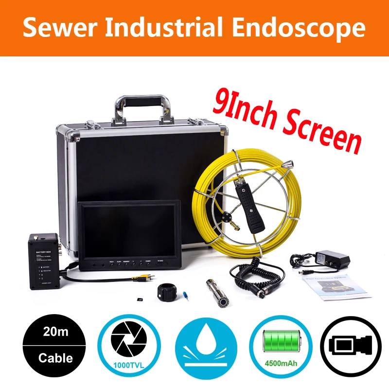 9'' Color Screen Monitor Drain Sewer Industrial Endoscope IP68 Waterproof 20M Cable 23MM Camera Head With DVR Function