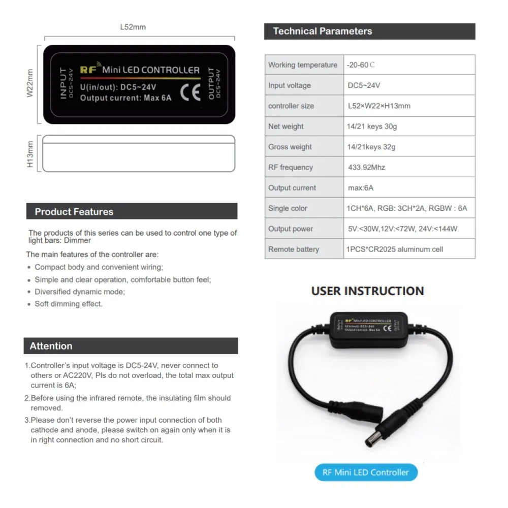 Mini LED Dimmer DC5-24V 6A Wireless RF Controller Switch 14 Key Remote Control Tunggal Warna 3528 5050 2835 COB LED Strip Cahaya