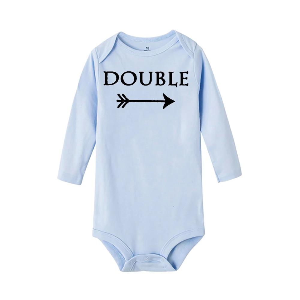 Double Trouble Funny Print Newborn Bodysuits Twin Baby Unisex Crawling Jumpsuit Playsuit Infant Child Long Sleeve Clothes 0-24M