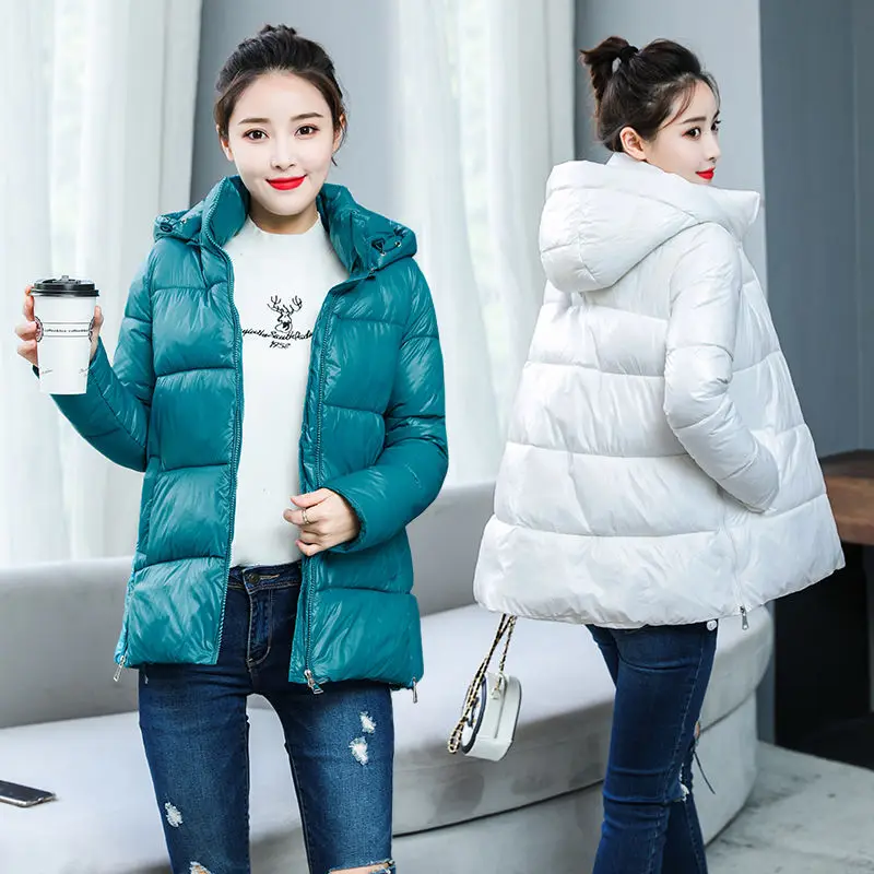 2019 Winter Jacket Women Short Glossy Down Jackets Cotton Padded Parkas Hooded Bright Shiny Warm Thick Parkas Female Coats