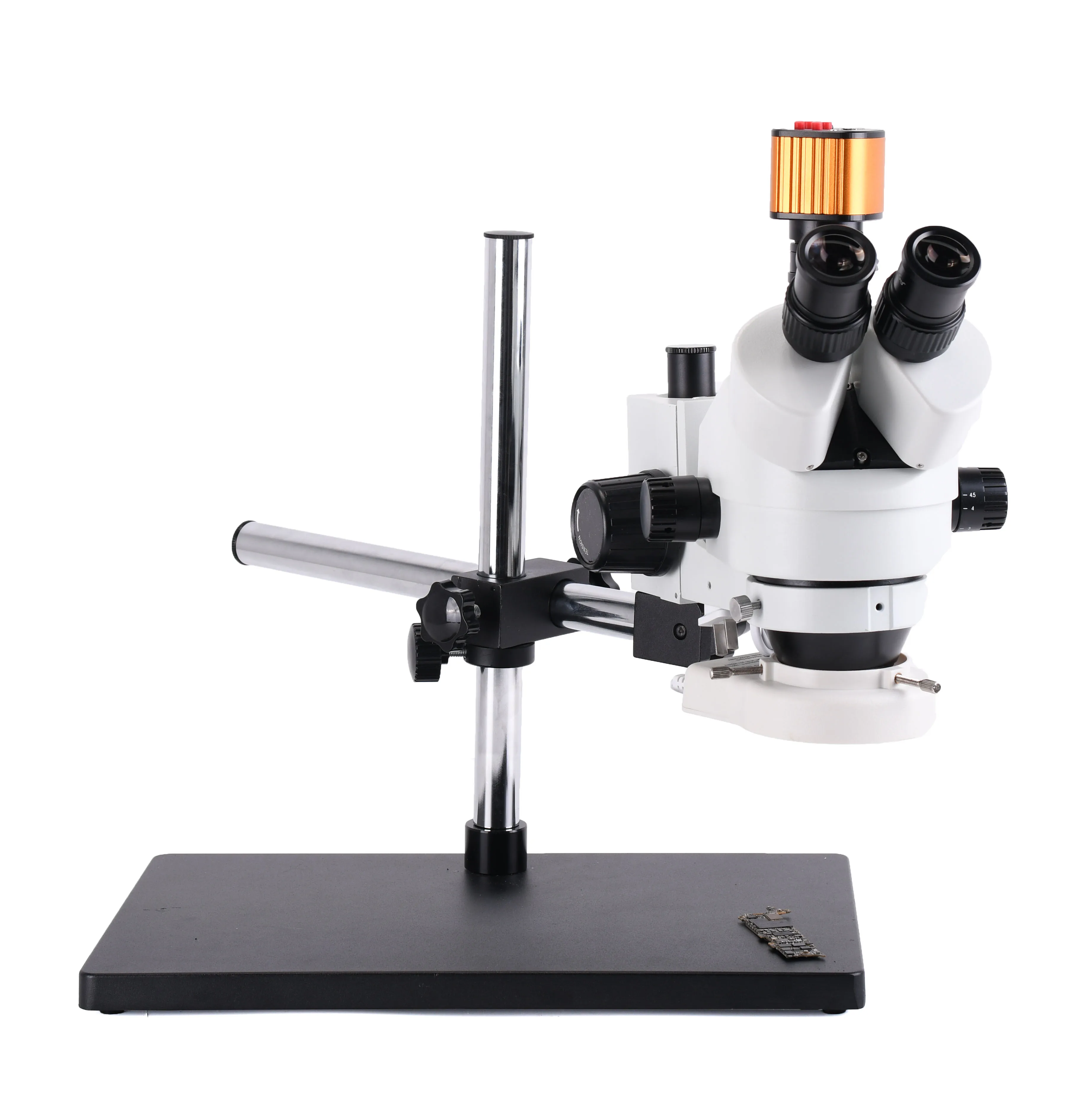 Simul-focal Continuous Zoom 7~45X Trinocular Stereo Microscope+HDMI/USB 16MP Microscope Camera+56 LED Light+Universal Bracket