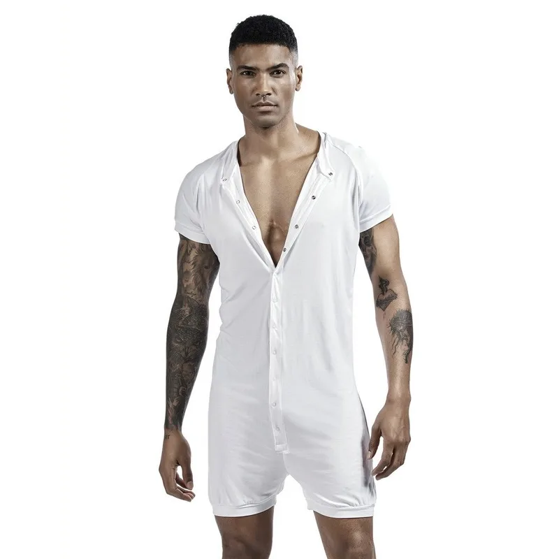 Mens Undershirts Sleepwear Shorts Sleeve Button Causal Loose Jumpsuits Shorts Singlets Bodysuits One-piece Camiseta Plus Size