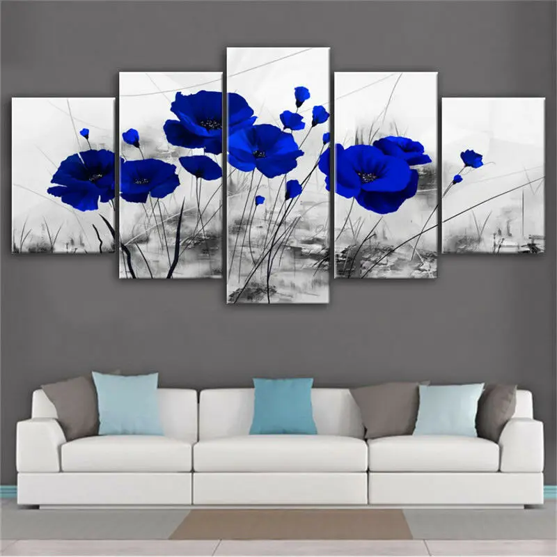 

5 Piece Canvas Blue Poppy Flowering Plant Painting Wall Art Print Home Decor HD Pictures 5 Panel Poster No Framed Paintings