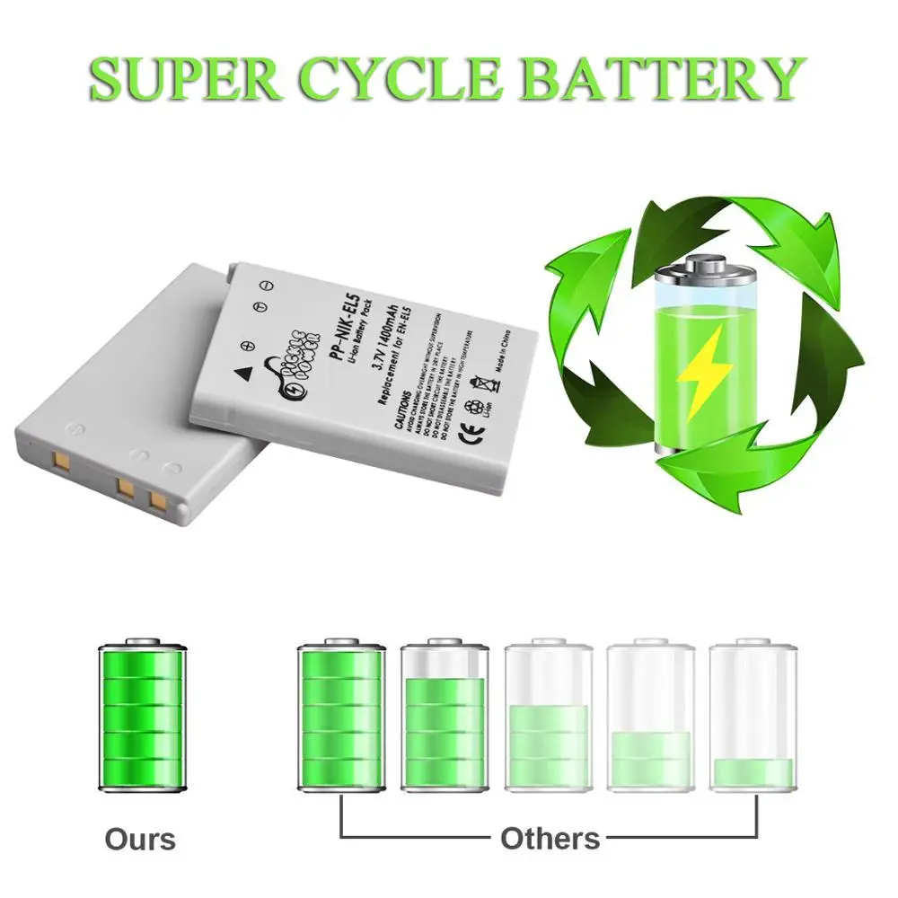 1400mAh EN-EL5 EL5 ENEL5 Battery  LED USB Charger For Nikon CoolPix P500, P510, P520, P530, P80, P90, P100, P3, P4, 3700, 4200