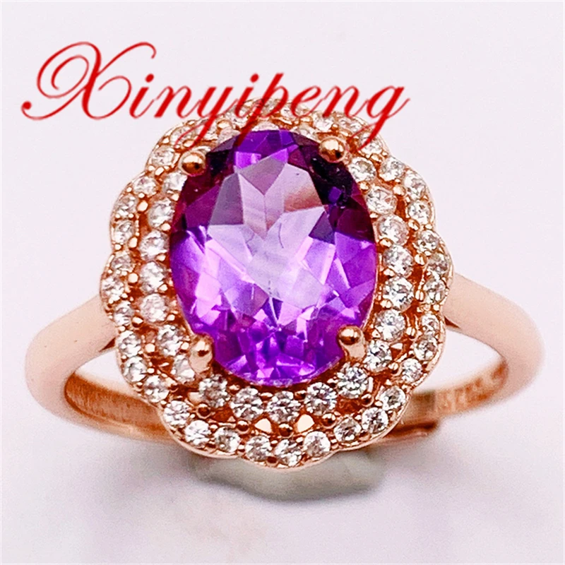 

Xin Yipeng Fine Gem Jewelry Real S925 Sterling Silver Plated Rose Gold Inlaid Natural Amethyst Ring Anniversary Gift for Women