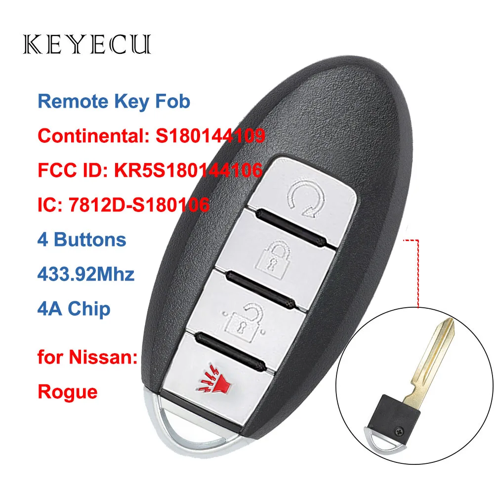 

KR5S180144106 / S180144109 Remote Car Key Fob Replacement 4 Buttons 433.92Mhz 4A for Nissan Rogue 2017 2018