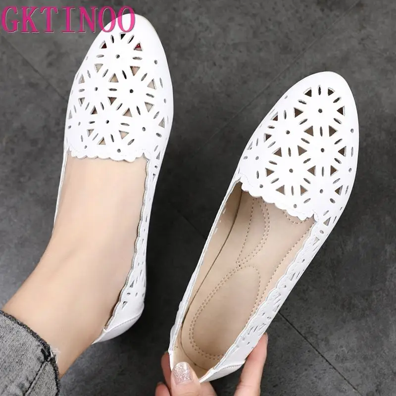 GKTINOO 2024 Women Flat Shoes Genuine Leather Woman Ballet Pointed Toe Flats Summer Lady Hollow Out Loafers Women Shoes Sandals