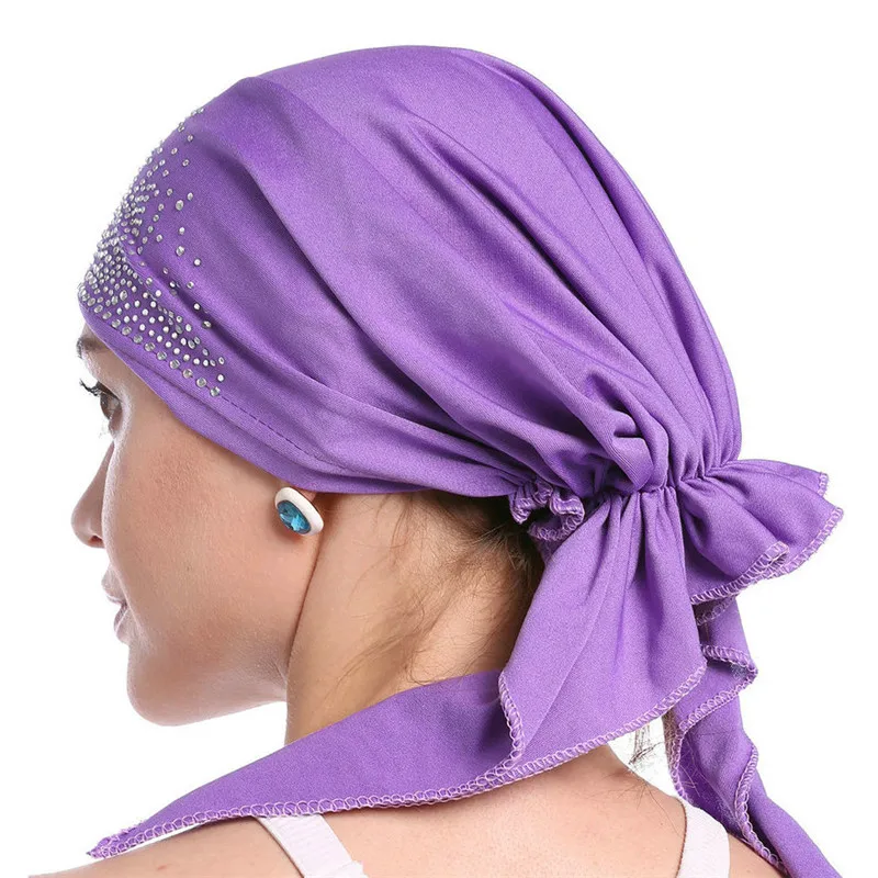 Lenço de cabeça muçulmano, chapéu fino para o verão, cor sólida, turbante de diamante para mulheres, chapéus da índia, 2020